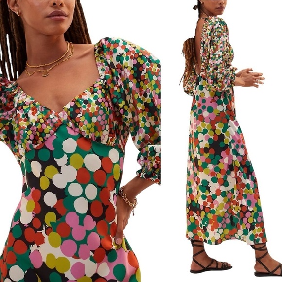 PORRIDGE x ANTHROPOLOGIE *Rare* Puff Sleeve Polka Dot Multicolor Maxi Dress - Picture 2 of 11